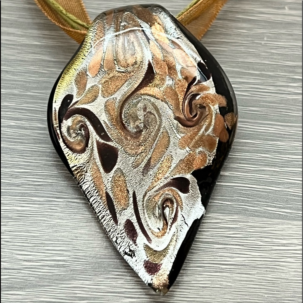 Glass Pendant with Black, Silver, and Gold Swirl Design, Ribbon Chain